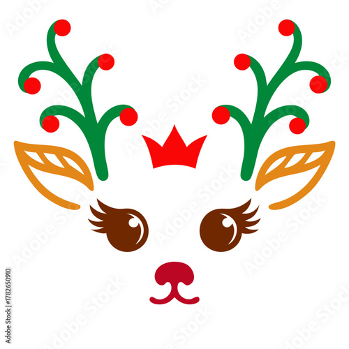 Reindeer with crown , green antlers and red berries crown