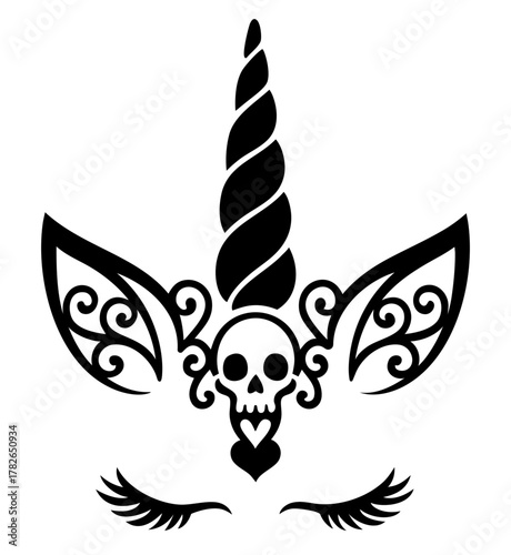 Gothic unicorn with skull and ornate ears pattern