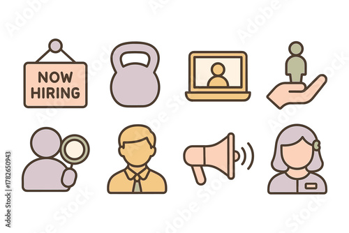 Business icons: hiring, management, communication, and growth symbols in flat design