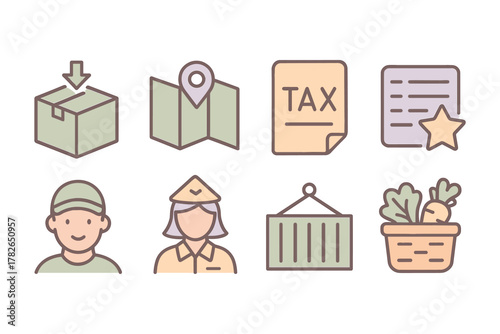 Delivery and logistics icons set featuring package, map, tax document, and personnel