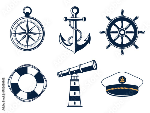 A collection of maritime and nautical icons, including a compass, anchor, ship's wheel, life preserver, telescope, and captain's hat.