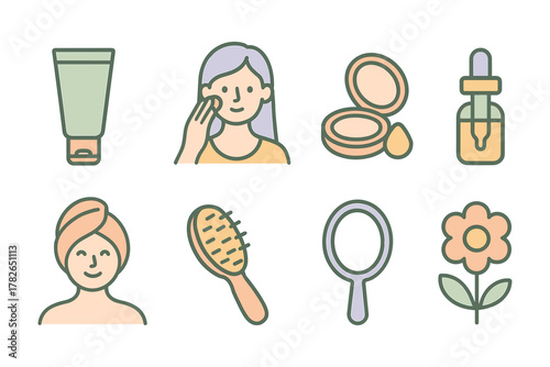 Beauty and skincare icons featuring flat design for self-care routine