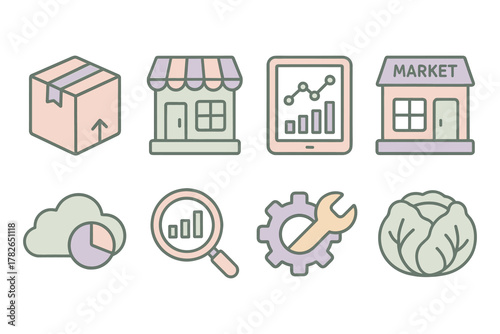 Pastel business and market icons with analytics and tools