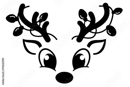 Reindeer face with Christmas lights on antlers, festive Rudolph