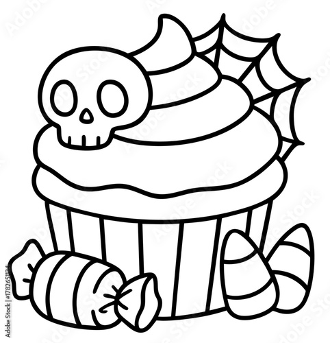 Halloween cupcake with skull and candies coloring page for kids — spooky dessert with cobweb decoration