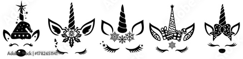Christmas unicorn faces silhouettes bundle. festive unicorns with Santa hat, snowflakes, ornaments and Christmas horn decorations