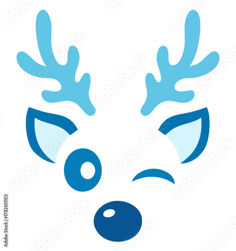 Blue reindeer winking eye, face. winter deer illustration in cool frosty tones for Christmas designs