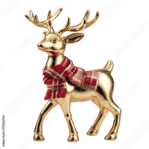 Golden Reindeer Figurine With Red Scarf Placed on Display for Festive Decoration