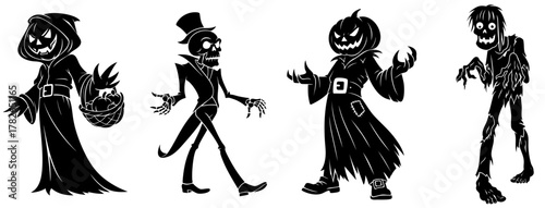 Halloween dark characters set — pumpkin witch, skeleton gentleman, scarecrow warlock and zombie walker silhouettes