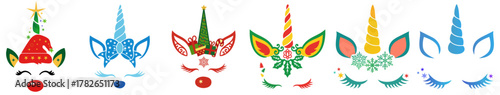 Christmas unicorn faces bundle — colorful holiday unicorns with Santa hat, lights, candy, snowflakes and festive decorations, cute winter clipart set