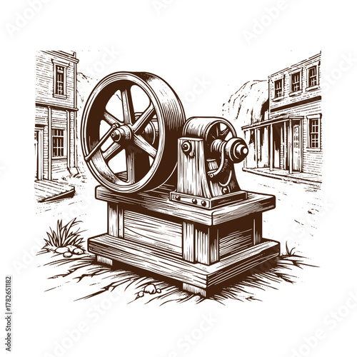 Antique Hand-Crank Machine in Old Western Town – Vintage Illustration