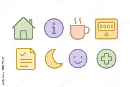 Simple pastel colorful icon set for home office and wellness themes