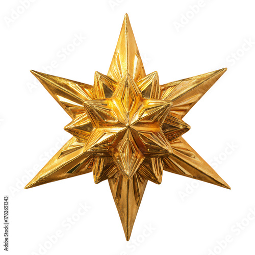 Decorative Golden Star With Intricate Design on a Pedestal Displayed for Fest...