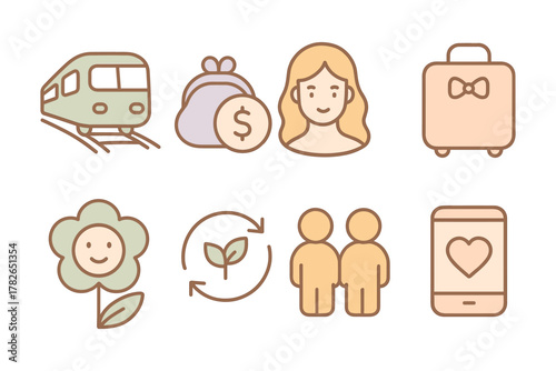 Pastel icons of travel, finance, and relationships in line art style