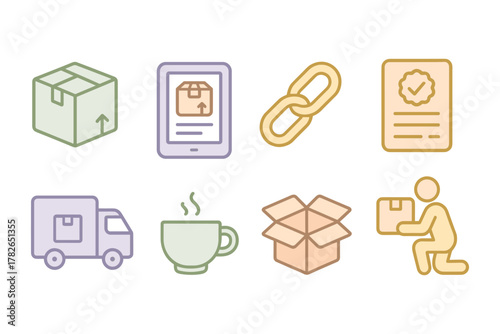 Colorful line icons of delivery and logistics: box, tablet, link, certificate, truck, coffee mug