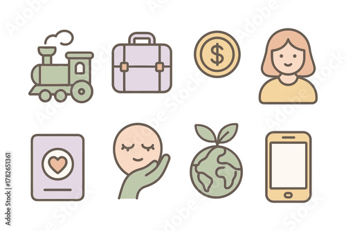 Set of minimalistic pastel icons: travel, money, nature, technology, and wellness