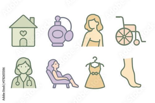 Healthcare and lifestyle icons: home, perfume, wellness, fashion, and more in pastel tones
