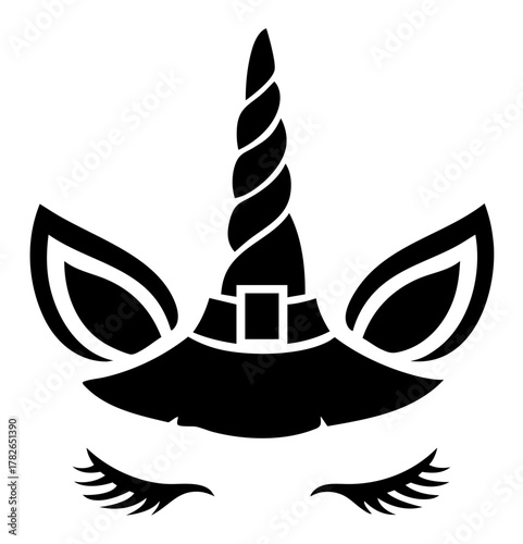 Halloween unicorn with witch hat and curled