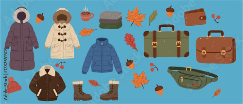 Warm winter coats and jackets with accessories: boots, wallets, travel bags, suitcase, autumn leaves, and acorns.