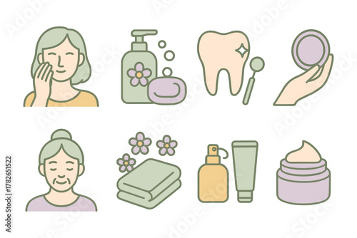 Self care essentials: skincare, oral care, and relaxation icons in soft pastel tones