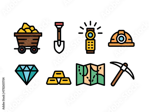 A collection of flat vector icons representing mining tools, precious gems, and resources.