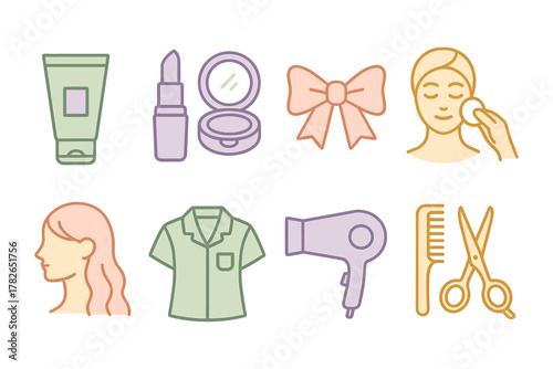 Beauty and haircare icons set in pastel line art style