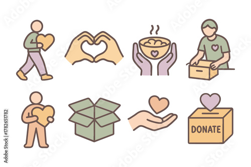 Charity and donation icons: flat style collection for volunteer and giving campaigns