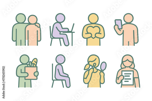 Minimalist pastel lifestyle icons depicting everyday activities and human interactions