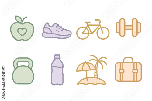 Health and fitness icons: workout, nutrition, travel, and relaxation in pastel colors