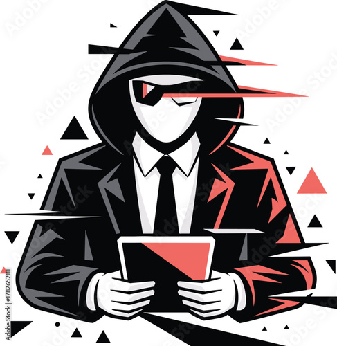 Corporate Hacker with Glitch Effect and Tablet Vector Illustration