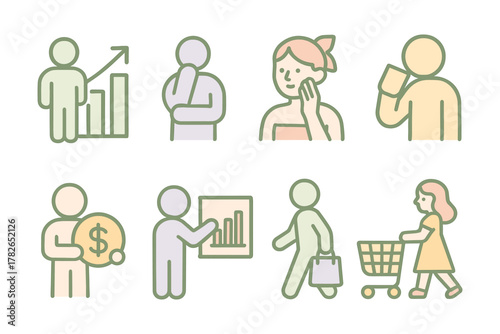 Pastel icons depicting business growth, communication, and shopping concepts