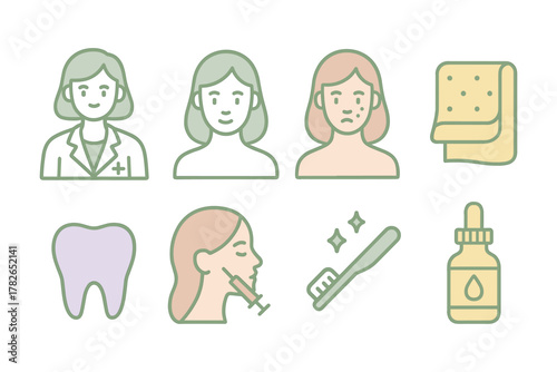 Flat style medical and skincare icons with dentist, acne, hygiene, and beauty elements