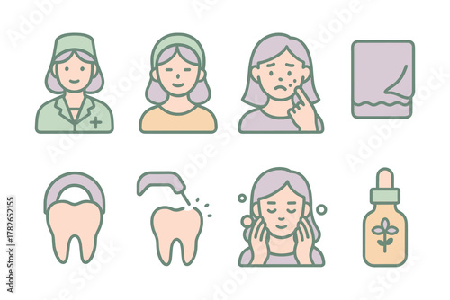 Healthcare and wellness: dental care and skin treatment icons in soft pastel colors