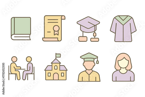 Colorful outline icons of education: books, diploma, cap, gown, meeting, school, graduate, student