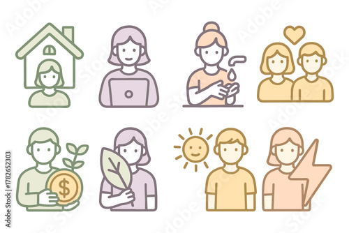 Minimalist icons representing home, work, wellness, family, eco-friendly living, and positive relationships