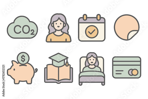 Linear pastel icon set for finance, education, and lifestyle themes