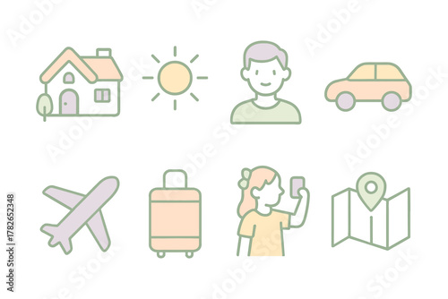 Pastel icons of travel, home, and lifestyle essentials