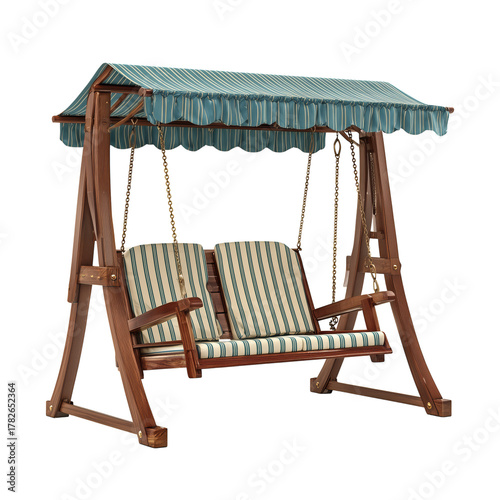 Wooden Swing With Green and Blue Striped Canopy at a Cozy Outdoor Setting