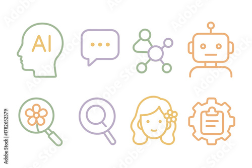 Minimalist technology icons: artificial intelligence, chat, and robotics in soft color palette