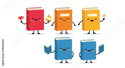 A collection of five adorable cartoon books holding various treats and smiling joyfully.