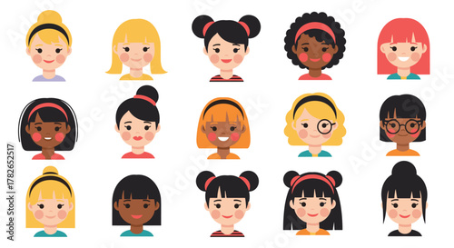 Collection of diverse young girls with different hairstyles and skin tones showing a variety of expressions.