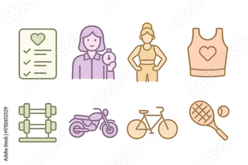 Fitness and wellness icons: healthy lifestyle, exercise, and sports equipment