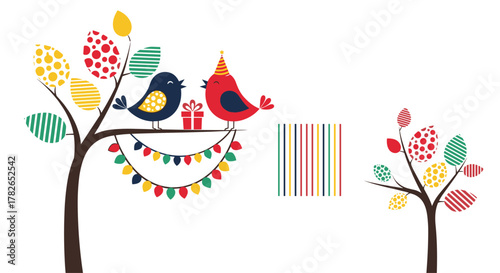 Two cute birds sitting on a branch with a gift and festive decorations.