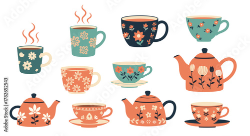 A collection of decorative teacups and teapots in various floral patterns.