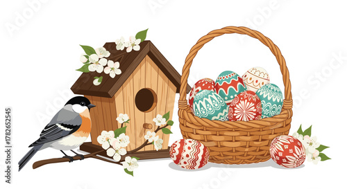 A charming birdhouse with a feathered friend beside a basket of decorated eggs and spring blossoms.