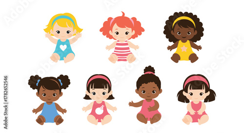 A diverse group of cute baby dolls in various outfits and hairstyles sitting down for a picture.