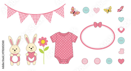 Cute baby shower decorative elements featuring bunnies butterflies and a bodysuit.
