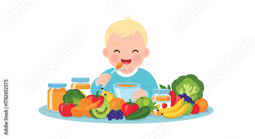 Happy baby enjoying healthy food surrounded by a variety of fresh fruits and vegetables.