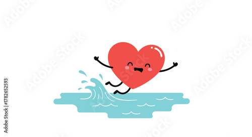 A cheerful red heart character joyfully jumping into a splash of blue water with a happy expression.