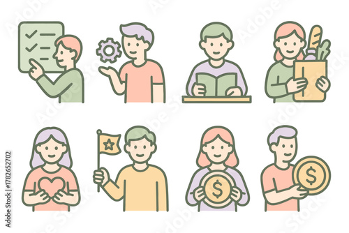 Diverse people engaging in daily activities in soft pastel colors